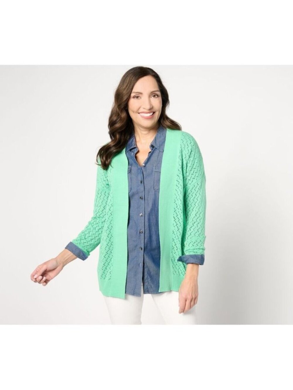 Denim&Co. Novelty Stitch Cardigan M Open Front Long Sleeve Sweater Green A643390
